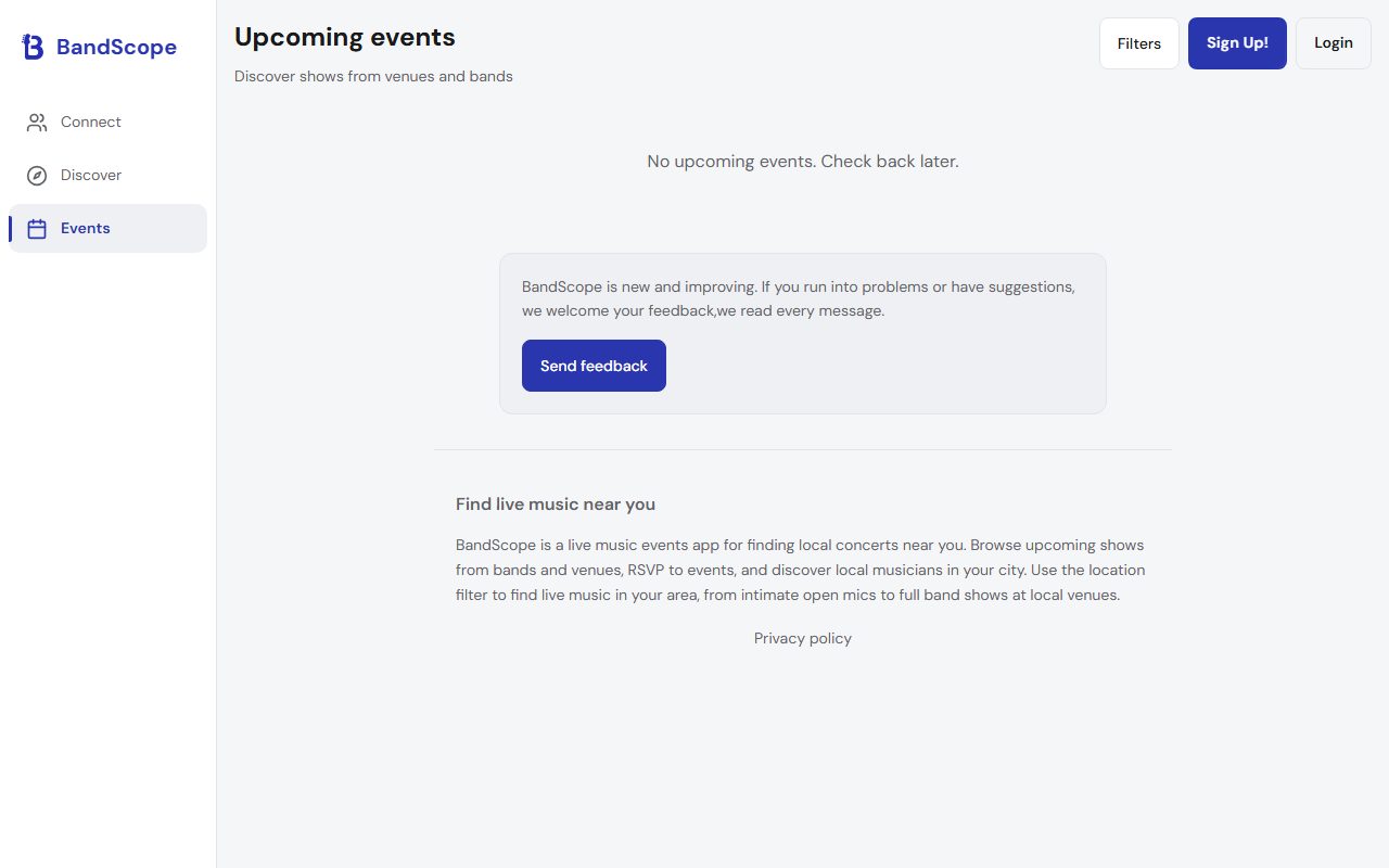 BandScope Events page for browsing upcoming local shows from bands and venues